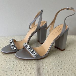 American Glamour by Badgley Mischka Silver & Crystal Block Heels